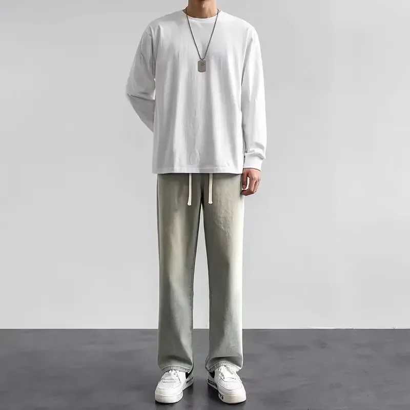 2024 Korean Solid Colors Mens Casual Long Jeans Classic Man Four Seasons Straight Denim Wide-leg Pants Light Blue Gray Black 3XL y250716