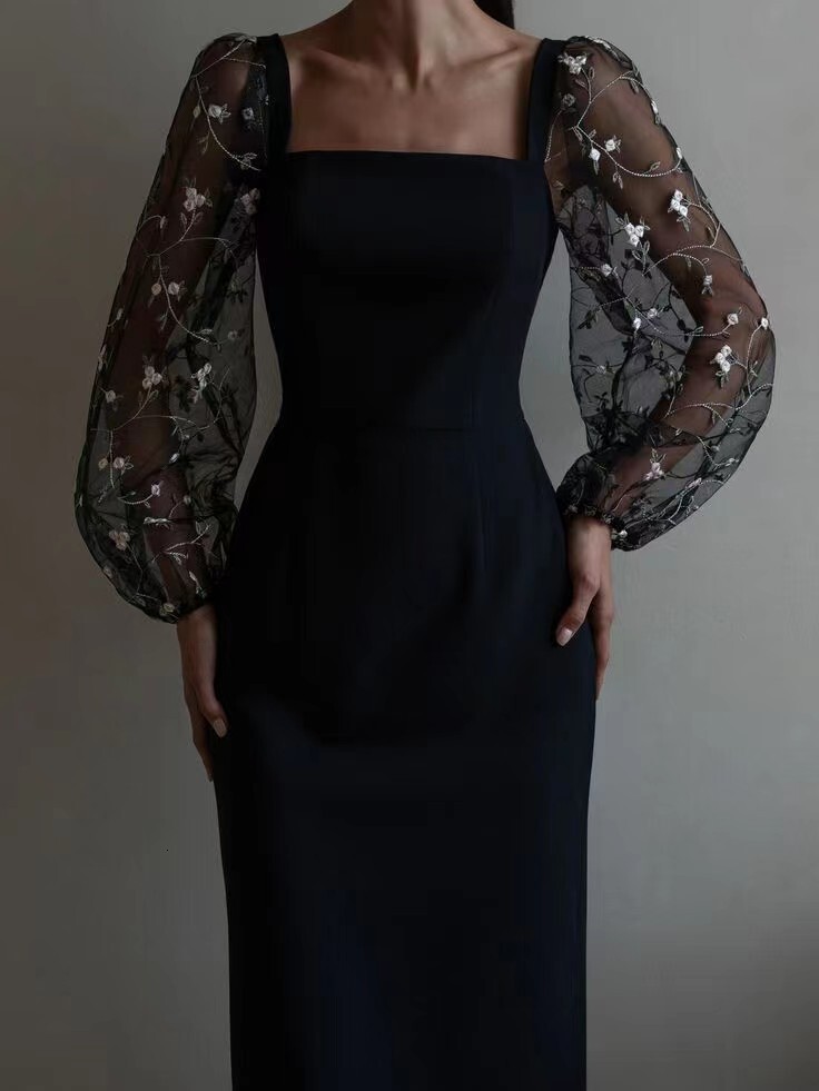 2025 GY2199 European and American Cross-Border Simple Elegant Embroidered Patchwork Bodycon Dress
