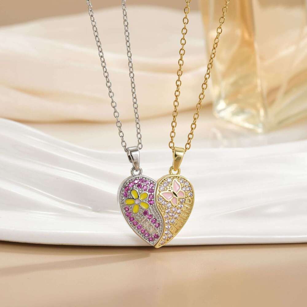 New Best Friends Magnetic Pink Heart Cartoon Copper Gold-Plated Pendant Necklace For Women 306