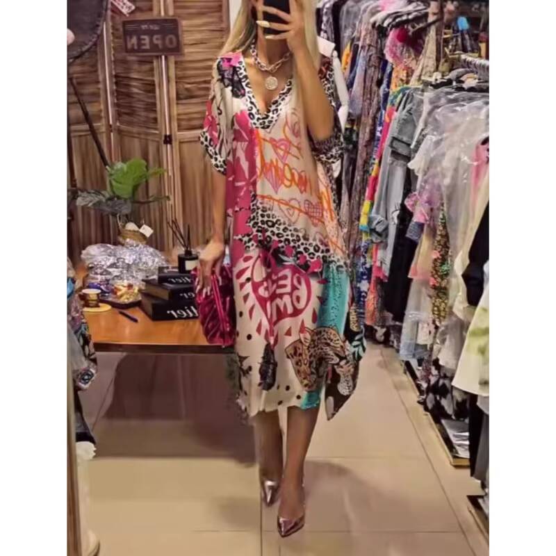 Women Casual Deep V Neck Loose Long Summer Half Sleeve Pullover Leopard Vestidos Colorful Print A-Line Party Dress dongdumaoyi