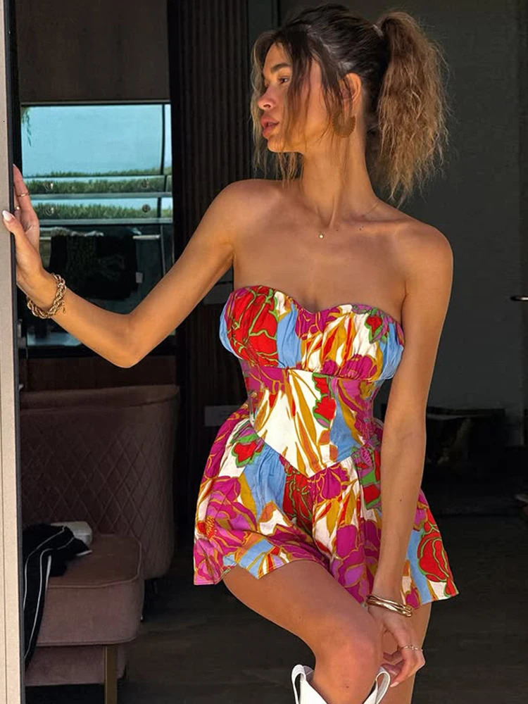 Weird Puss Colorful Print Strapless Dress Women Sexy Off Shoulder Backless Ruched Ruffles Vacation Y2K Sweet Style Mini Bodycon 250715