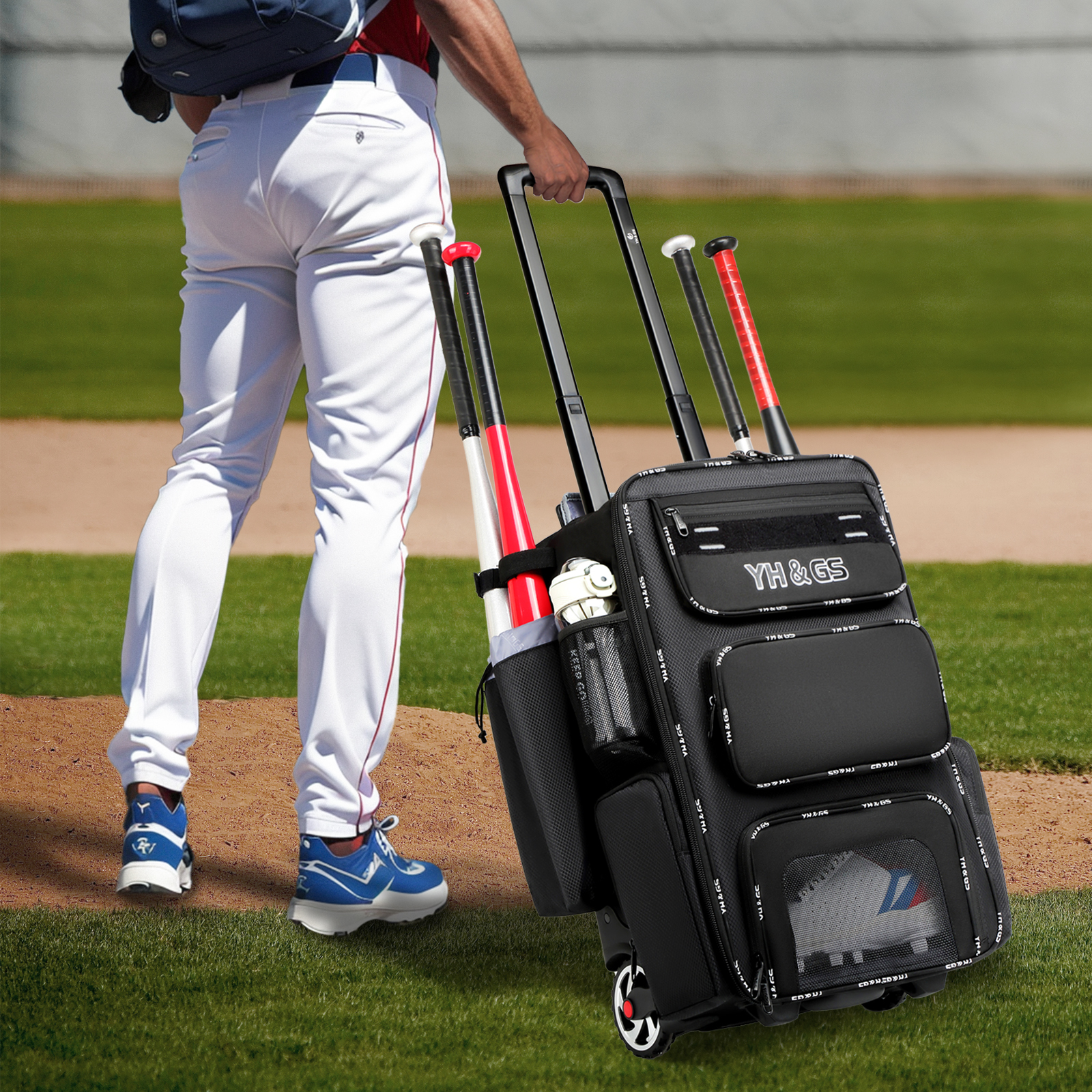 Rolling Baseball Bag,Wheeled Softball Bag with Fence Hook for TBall Bat & Equipment,Lightweight Baseball Bat Bag with Shoe Compartment