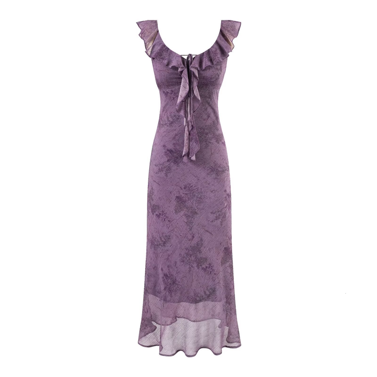 2025 Summer New European and American Style Ruffled V-Neck Strap Waist-Cinching Slimming Beach Vacation Dress