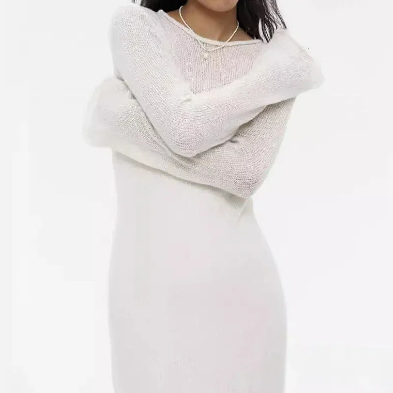 Spring Autumn O-Neck Elastic Knit Long Dresses Women Elegant Chic Soft Lady Hollowing Sweater Dresses Femme 250715