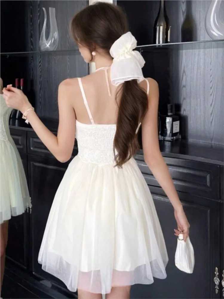 Women Summer Elegant Lace Mesh Strap Princess Dress Korean High Waist A-Line Mini Dresses Birthday Evening Party Chic Ball Gown R250716