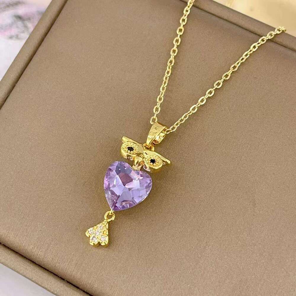 Micro-Inlaid Full Zircon Crystal Owl Pendant Necklace Titanium Steel Non-Fading Collarbone Chain B5a