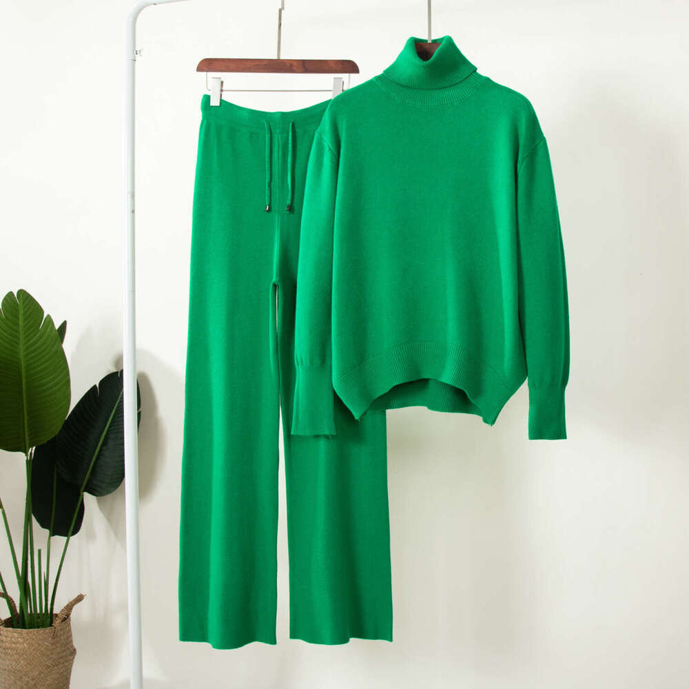 Solid Color Turtleneck + Wide-Leg Pants Knitted Two-Piece Set Winter Versatile Loose Sweater Outfit B5