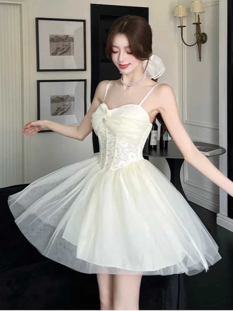 Women Summer Elegant Lace Mesh Strap Princess Dress Korean High Waist A-Line Mini Dresses Birthday Evening Party Chic Ball Gown R250716