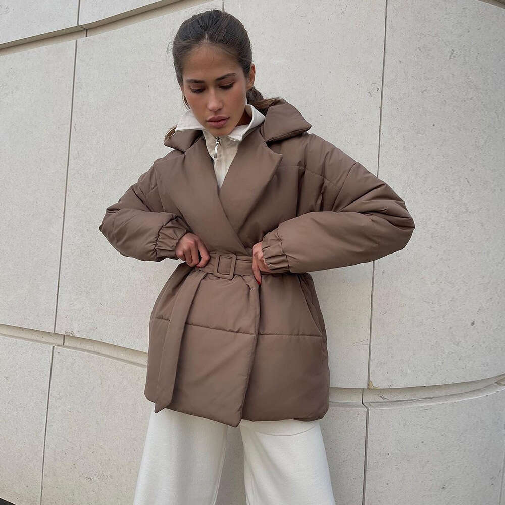 Winter New Thickened Slimming Waist Jacket With Belt Solid Color Cotton Coat B5