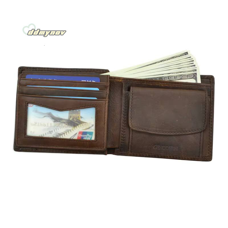 Cow Wallets Coin Pocket Vintage Male Purse Function Brown Genuine Leather Men Wallet with Card Holders ddmynov
