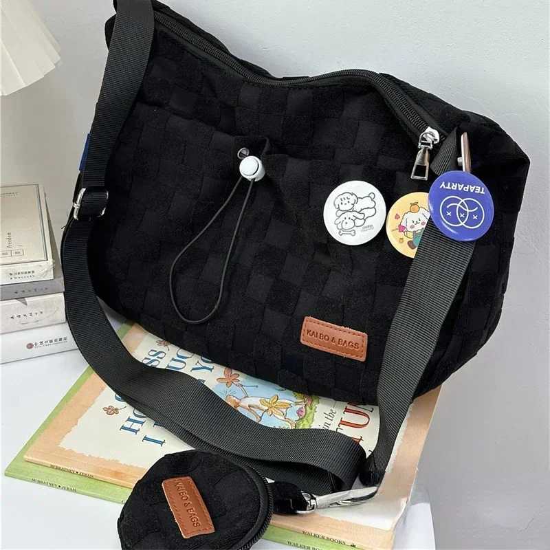 Xiuya Harajuku Style College Crossbody Bag Solid Color Plaid Print Large Capacity Shoulder Bag New Cute Designer Handbag