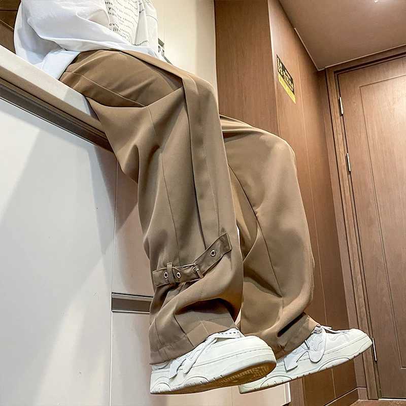 Harajuku Streetwear Men Casual Straight Pants Male Fashion Pleated Long Trousers Ribbons Welt Men Pants Coffee/Black/Rice White y250716