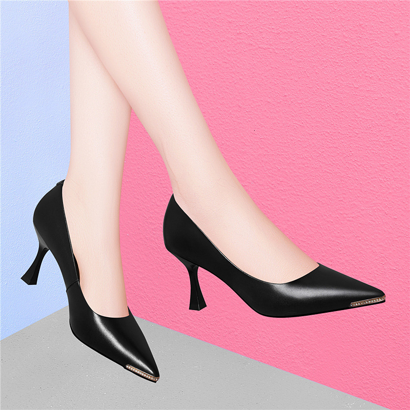 Top Layer Cowhide High Heels for Women 2025 Spring New Fashion Pointed Toe Shallow Mouth Thin Heel Single Commuter Professional Shoes ddmysaturn