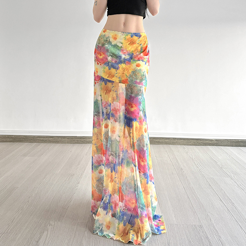 2025 Summer Color Oil Painting Style Gradient Print Mesh Bodycon Skirt for Women Color-Block Slimming Ruffled Hem Midi