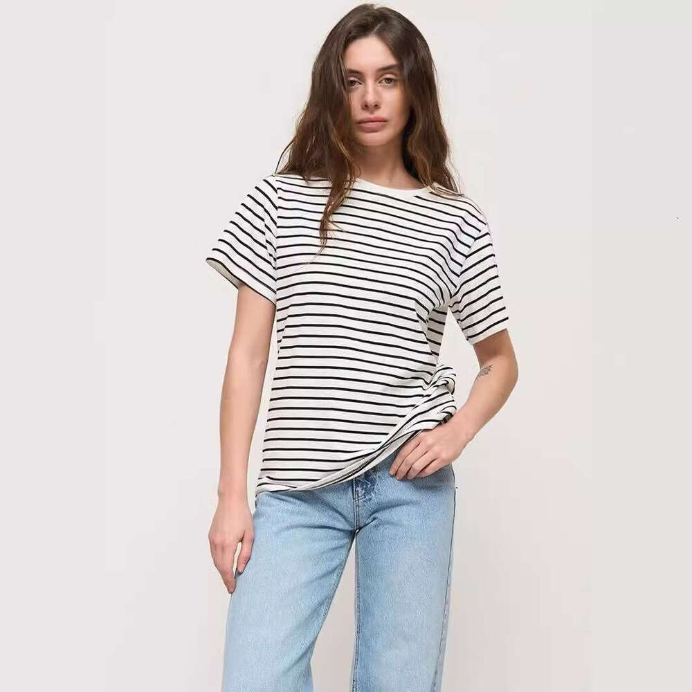 Summer Women's New Style Elegant Commuter Versatile Round Neck Black And White Striped Short Sleeve T-Shirt B5
