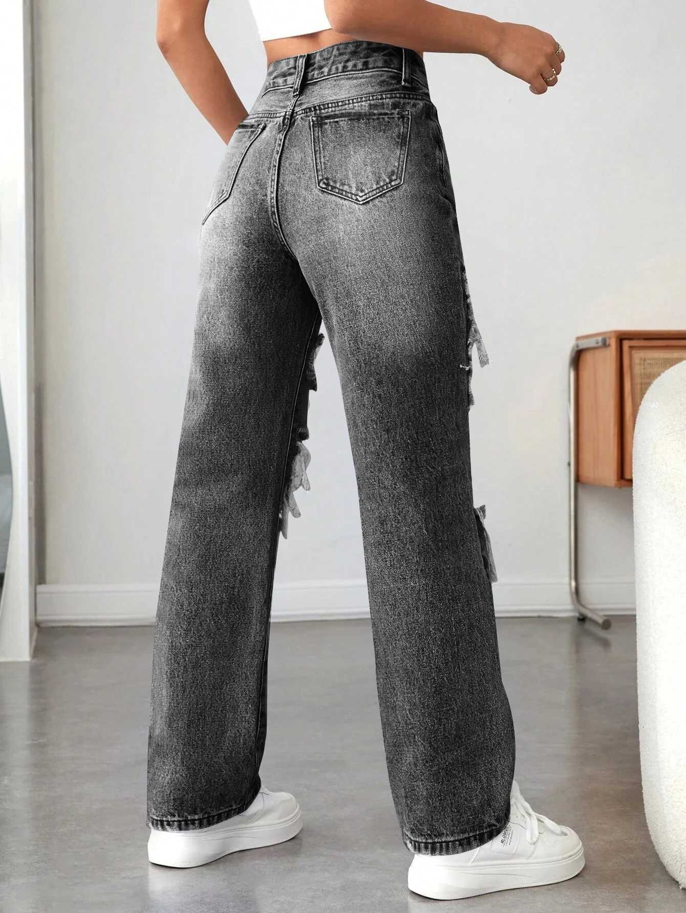 Womens wide-leg pants ripped Denim pants loose comfortable all-match R250716