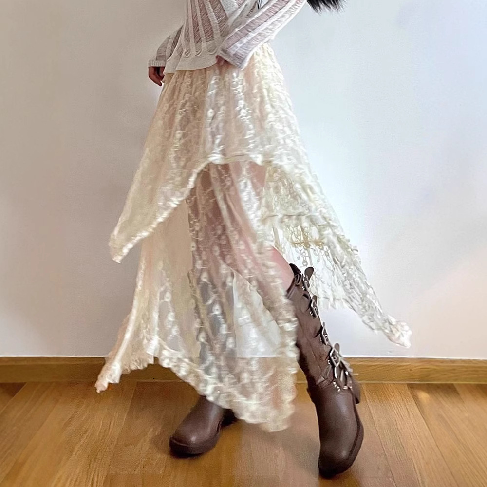2025 French Style Elegant Apricot Lace Half Skirt Winter Irregular Inner Wear Long Elastic High Waist