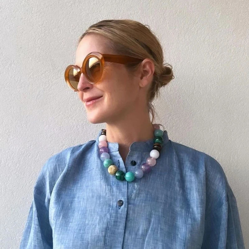 Punk Colorful Natural Stone Collar Chain Necklace Tiger Eye Malachite Round Beads Handmade Jewelry 250712
