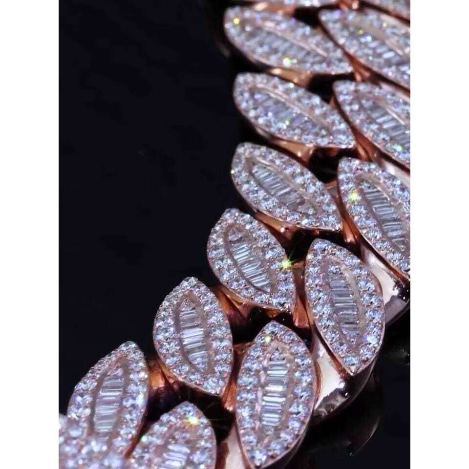 Pass 100% diamond test18mm Stone Cuban Chain - Ice Out Necklace, with Long Stick Bread and Round Cut VVS Silicon Stone, Tester Passed