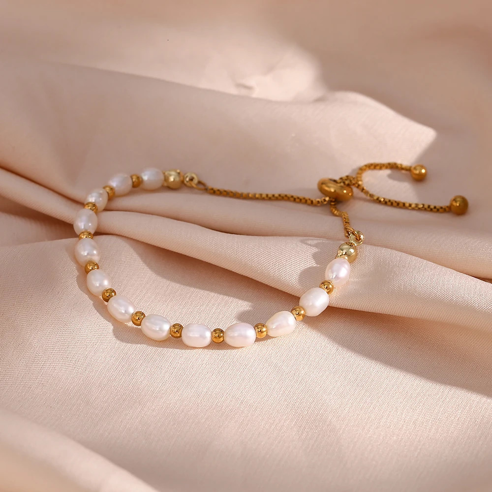 100% Real Natural Oval Shape Freshwater Pearl Beaded Bracelet For Women High Quality 18K Gold Plated Waterproof Bracelet Jewelry 250712