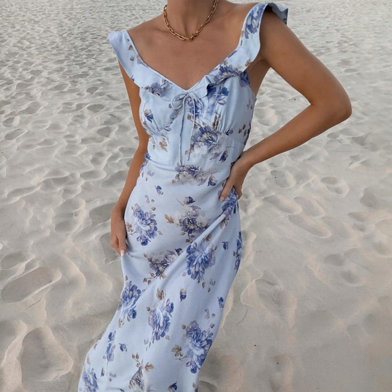 Cryptographic Summer Floral Print Plunge Maxi Dress Outfits Sexy Backless Fairy Sun Dresses Vacation Beachwear Vestido Coquette 0716