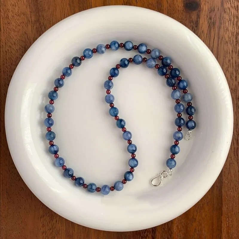New Chinese Style S925 Sterling Silver Natural Blue Kyanite Beaded Necklace, Garnet Crystal Clavicle Chain, Oriental - style Jewelry