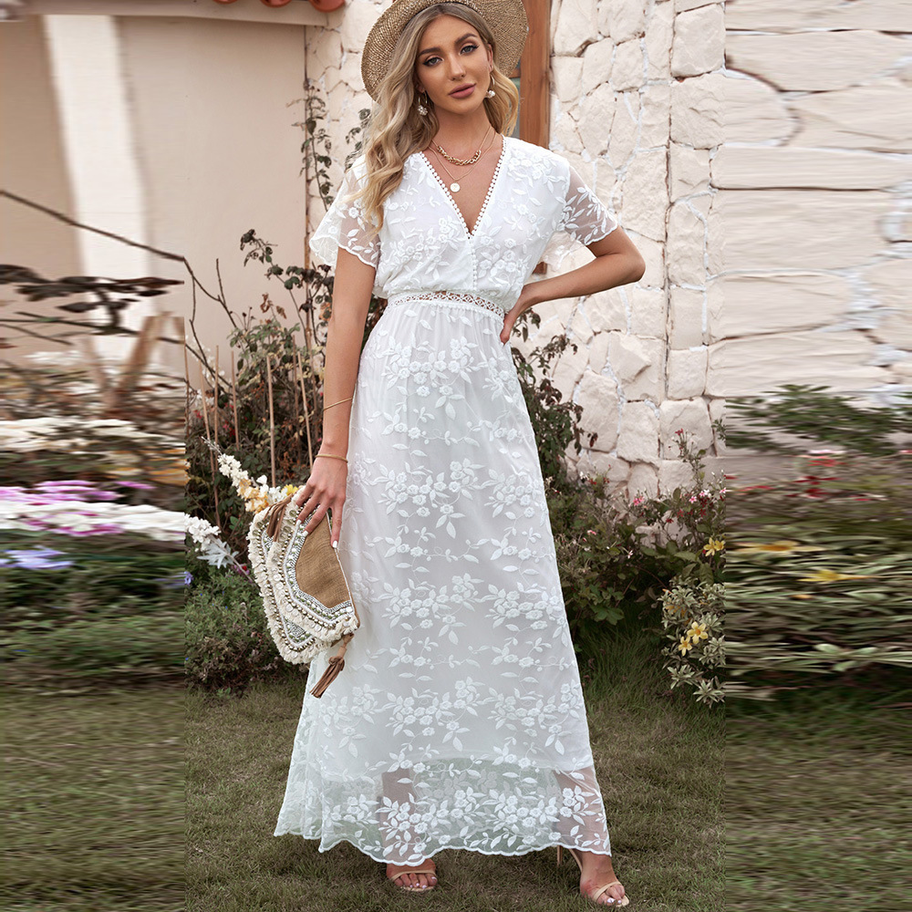 2025 Summer Lace Crochet Hollow Long Dress for Women, European and American Cross-Border Solid Color Elegant Commuter Dress, Women's Clothing Dro