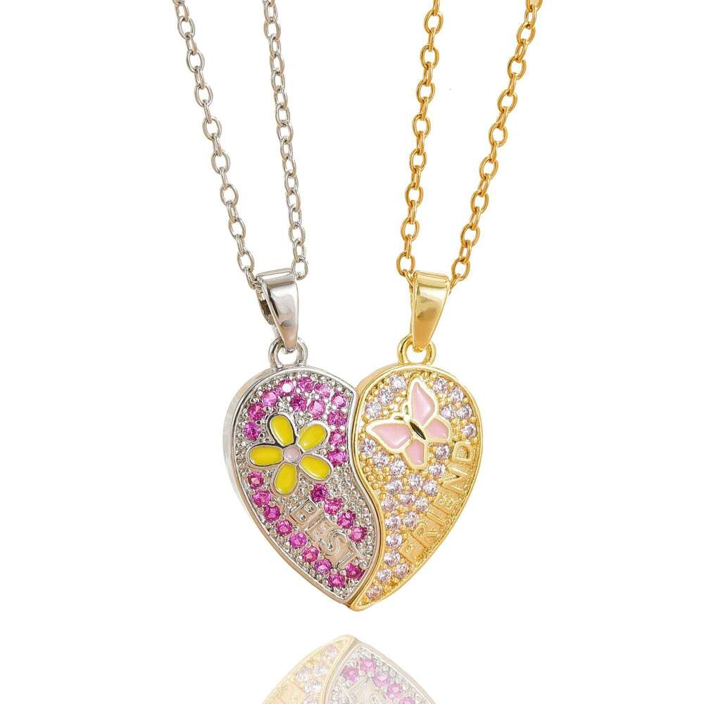 New Best Friends Magnetic Pink Heart Cartoon Copper Gold-Plated Pendant Necklace For Women 306