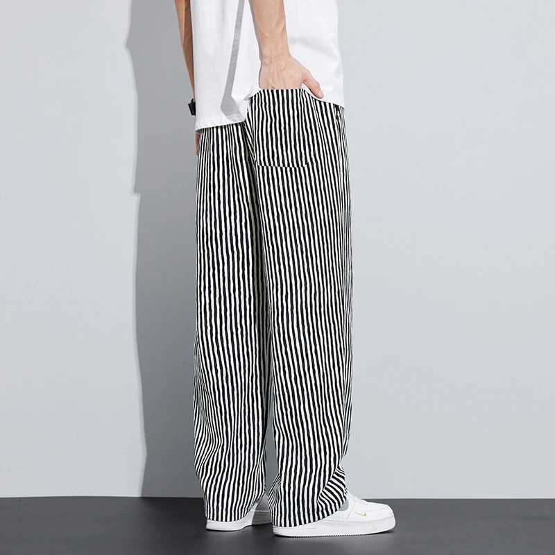 Spring Summer Stripe Casual Pants Men Wear Loose Straight Wide Leg Drawstring Elastic Waist Pants Jogger Trousers Men Streetwear y250716