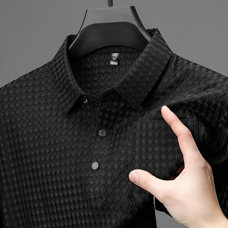 Elastic Mens Summer Ice Silk Short-sleeved T-shirt Middle-aged Dad Wear Lapel Polo Shirt Cool Top Clothes 250716