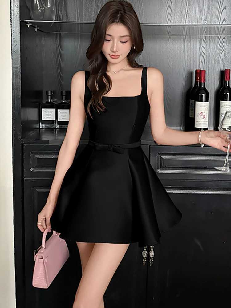2025 Korean Vintage Luxury Women Pink Satin Chic Bow Bandage Bodycon Mini Dress Summer Elegant Sling Sexy A-Line Dress R250716