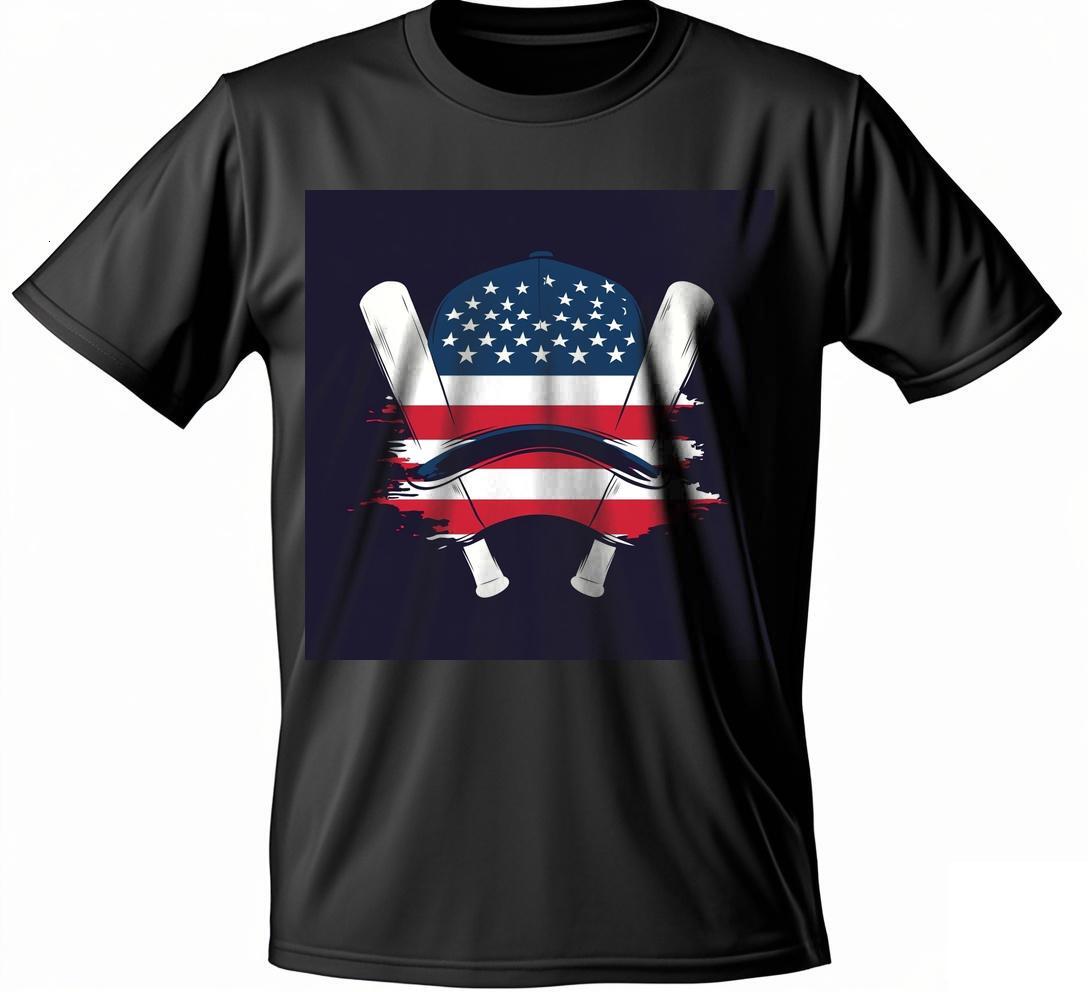 a T-shirt with an american flag and hockey sticks on it S-3XL Round collar Wed 43 i