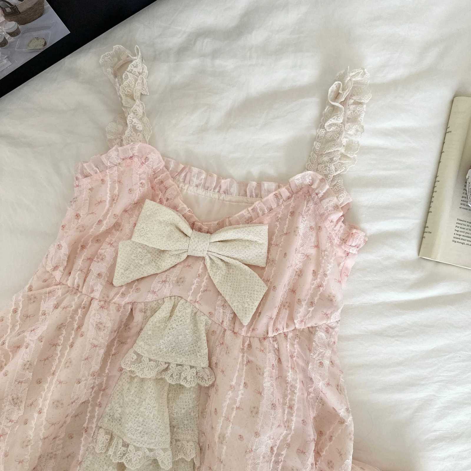 Sweet Lolita Bow Lace Dress Women Puff Sleeve Ruffle Layered Skirt Princess Style Vintage Cottagecore Fairycore Kawaii Outfits R250716