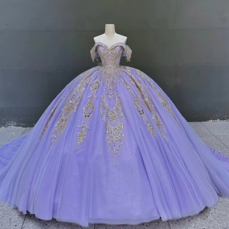 Lavender Quinceanera Dresses Ball Gown Off The Shoulder Sequin Applique Lace Beading Tull Party Birthday Sweet 16 Dress Vestidos De 15 Anos