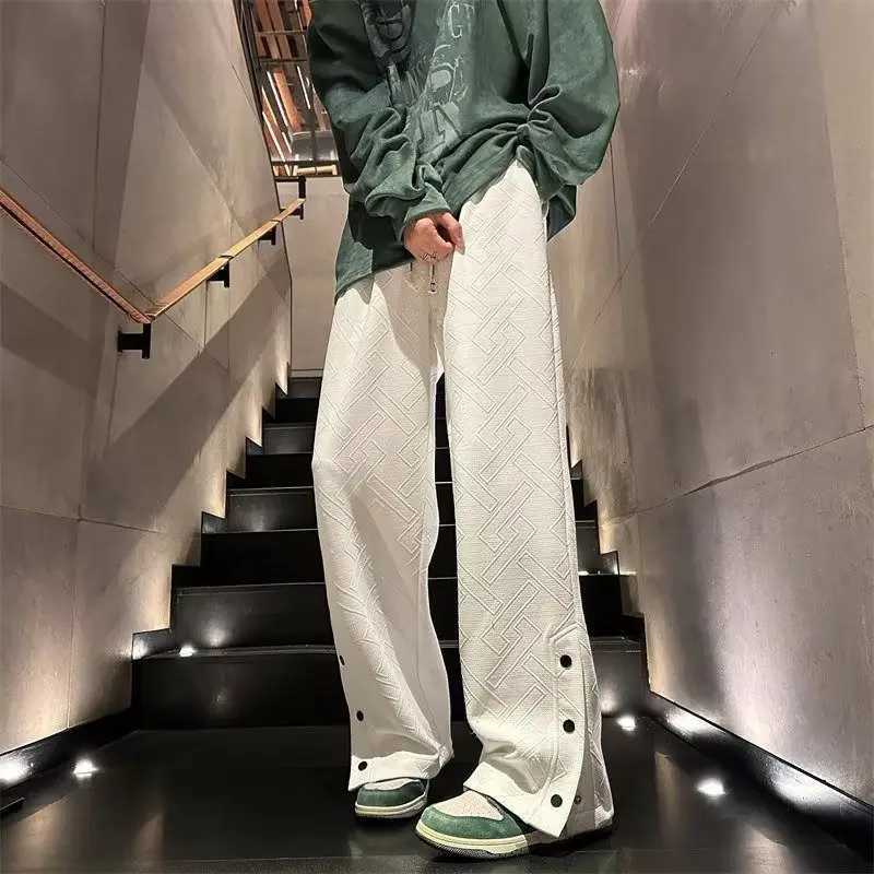 igh Street Vintage Casual Buckle Side Split Loose Wide Leg Pants Mens Solid Elastic Waist Drawstring Pockets Straight Trousers y250716