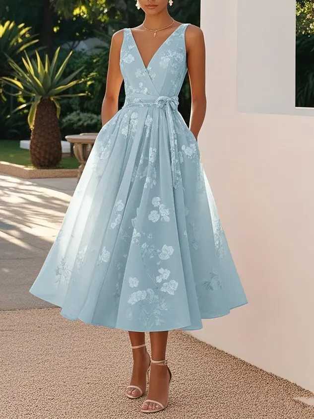 Stylish Temperament Printed Dress Elegant V-neck Mesh Sleeveless Waist Cinched Bow Dress Summer Women Long Dress Formal Dress R250716