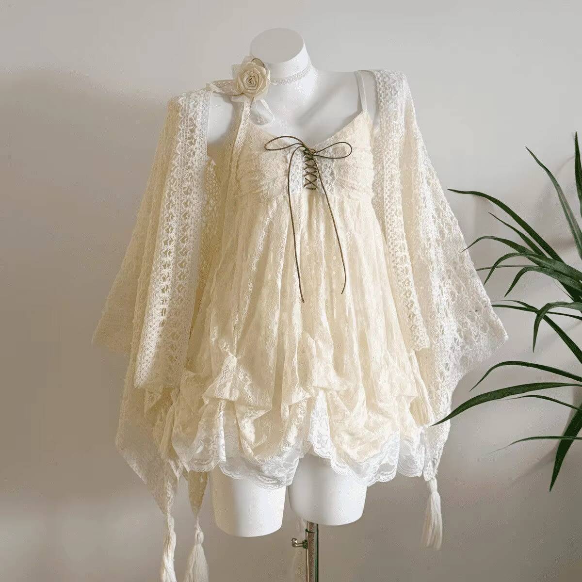Sweet Vintage Lace Sets Women Casual Y2k Crop Top Cardigan + Party Mini Dress Summer Beach Style Outfits Chic Korean dongdumaoyi