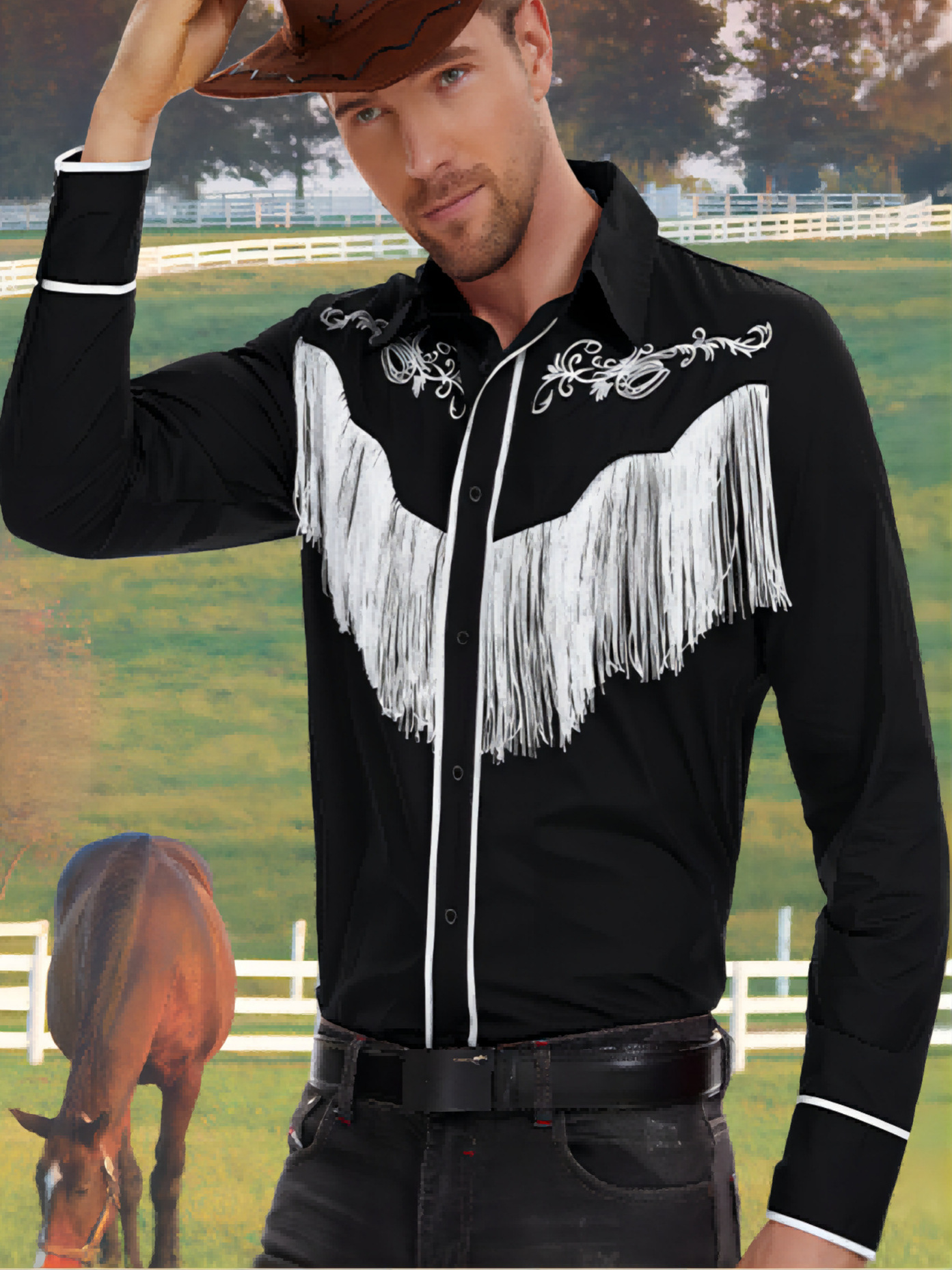 2025 Autumn/Winter American Men's Western Cowboy Tassel Embroidered Flower Shirt Long Sleeve Pure Cotton Cardigan