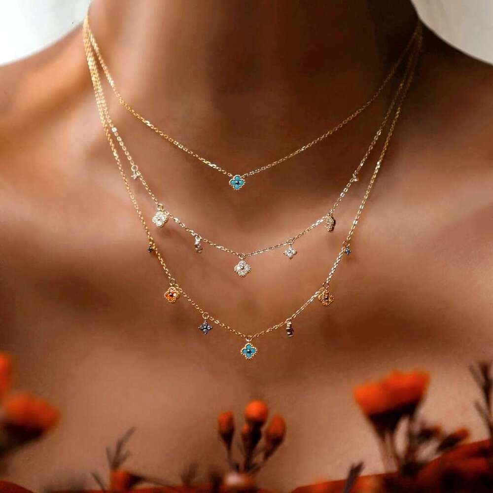 S Pure Sier Lucky Four-Leaf Flower Mini Necklace for Women, Niche Design, French Elegant Colorful Light Gift