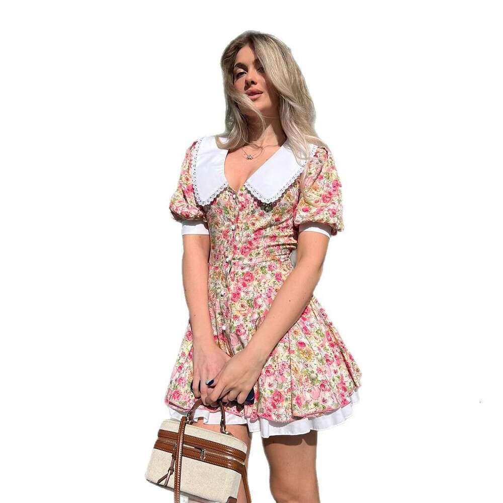 Doll Collar Printed Short Summer Puff Sleeve Single-Breasted Mini Dress For Women B5