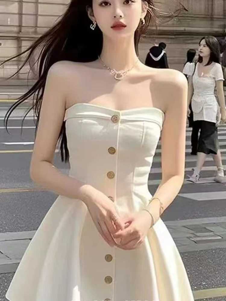 2025 Summer Advanced Sense of Thin Temperament Light Luxury Sexy Skirt Single Row Button Dress for Women R250716