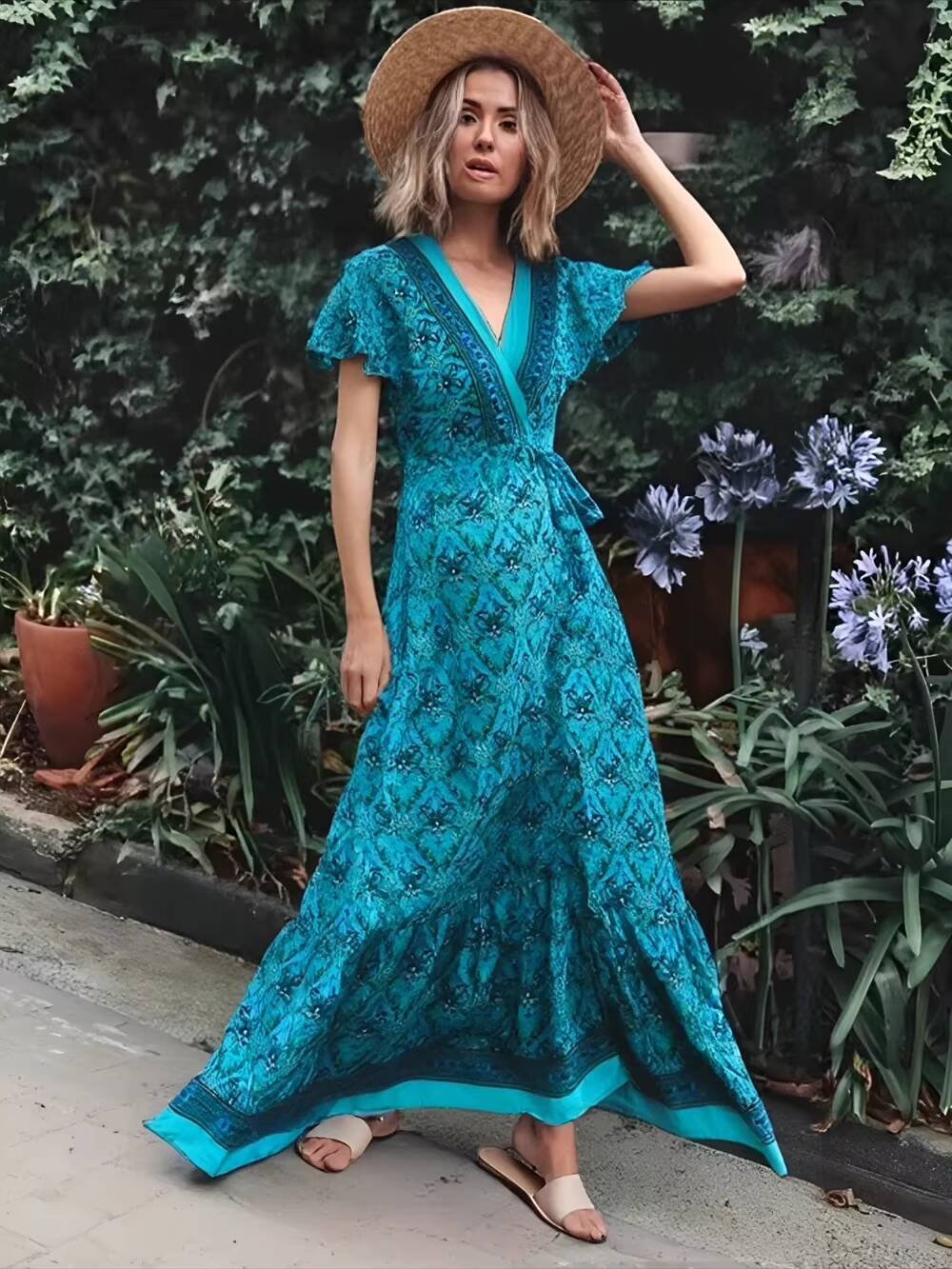Summer Vintage Floral Print Wrap Long Boho Dresses Women 2025 Fashion V Neck Bow Tie Sashes Rayon Beach Maxi Dress Vestidos dongdumaoyi