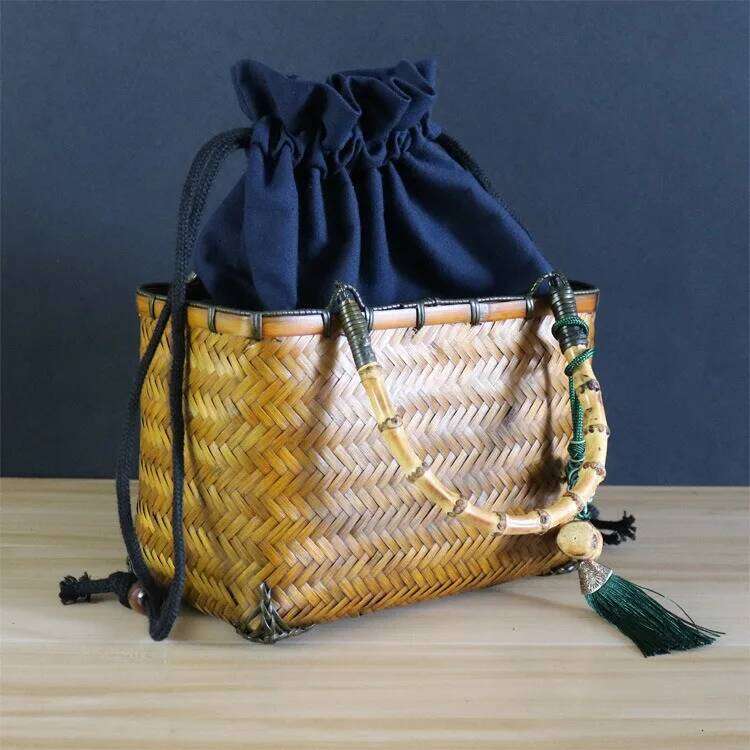 SUNNY BEACH Square Chinese Traditional Natural Bamboo Handle Rattan Bag Straw Women Summer Handmade Woven Bohemia Tote Handbag