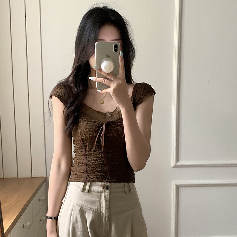 Summer New Women S T Shirt Summer American Retro Brown Textured Lace Spicy Girl Low Neck Bow Patchwork Short Sleeve T Shirt For Women New Designer T S