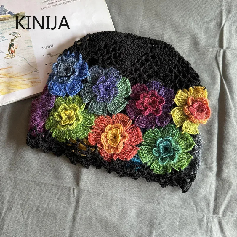 Baotou Cap Japanese Spring Literary Artistic Colorful Flower Hollow Bag Head Hat Women Sweet Fashion Hand-crocheted Beanie Cap 250715