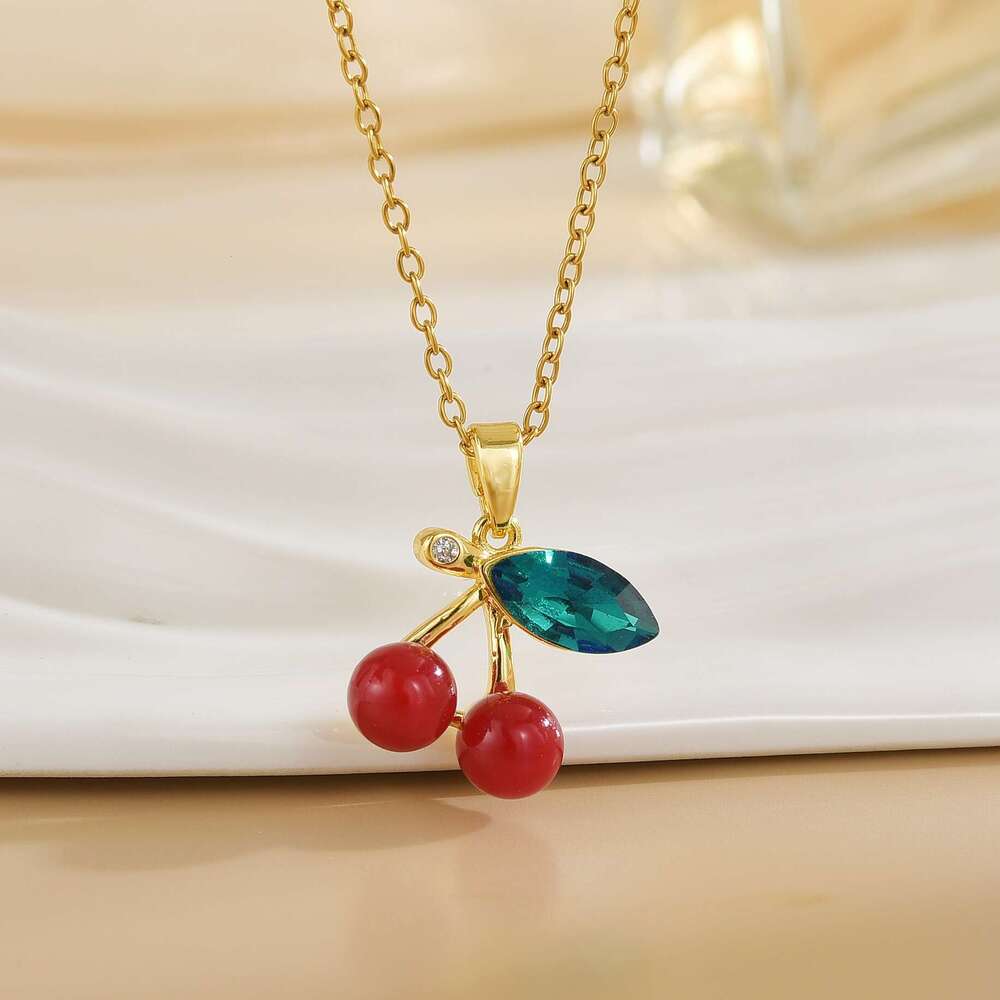 Women's Fashion Pastoral Style Necklace Copper Micro Inlay Design Internet Celebrity Temperament Lively Sparkling Cherry Pendant 8D8