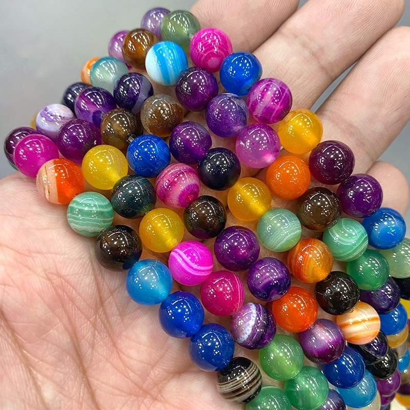 Natural Stone Mixed Color Stripe Agates Round Beads Diy Bracelet Necklace Pendants for Jewelry Making 15 Inch 4 6 8 10 12 14MM 250625