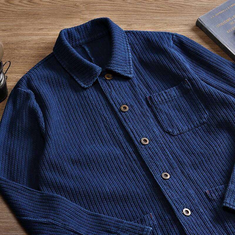 Indigo Cargo Men Vintage Heavy Weight Cotton Blue Dyed Workwear Tooling Jacket French Retro Multi-Pocket Cardigan Coat