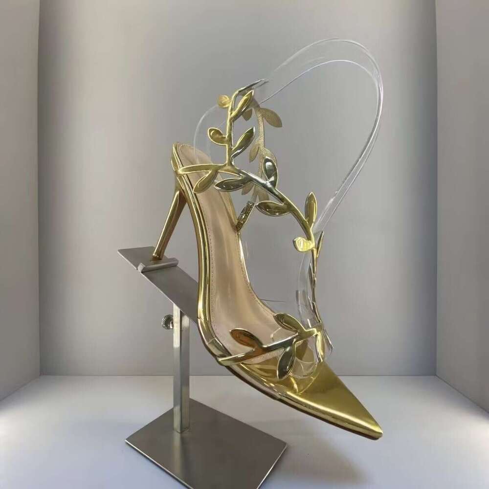 Quality ~ Design Sense Golden Branch Jade Leaf Gold Sandals 2025 Summer Ins Thin Heel Pointed Open Toe High Heels for Women