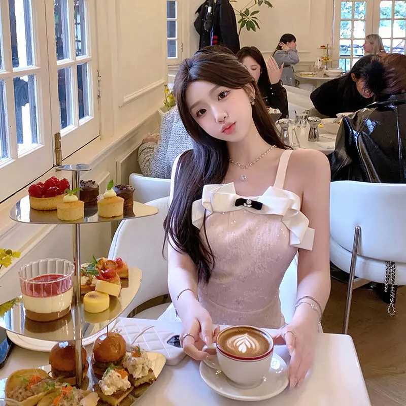 Kimotimo Sweet Jacquard Halter Birthday Dress Women Summer Fashion Bow Sequin Waist A-line Mini Dresses Luxury Party Vestidos R250716